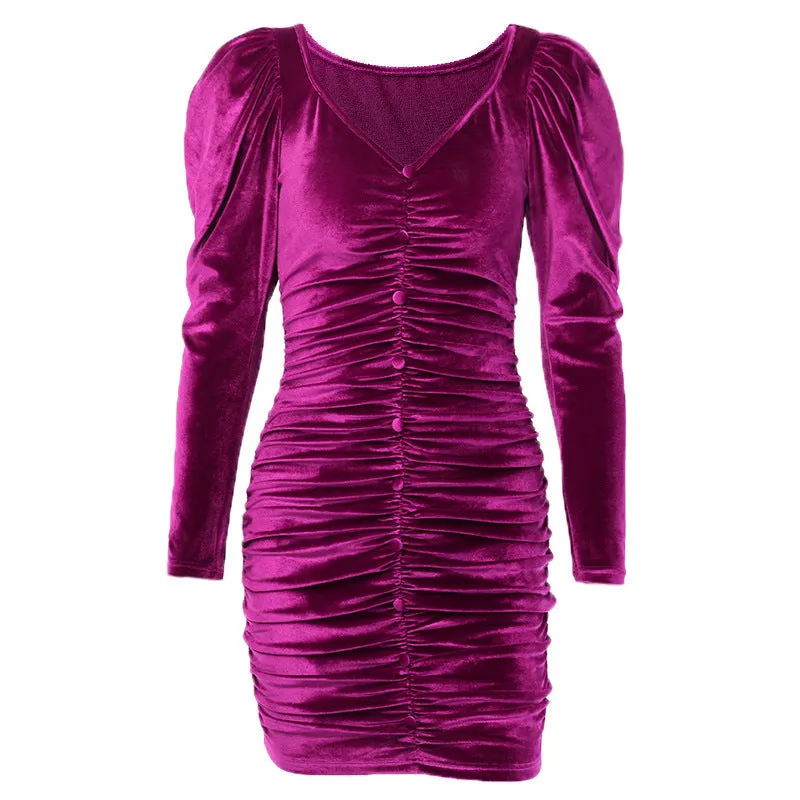 Temperament V-neck slim purple pleated velvet long sleeve Bodycon Dresses