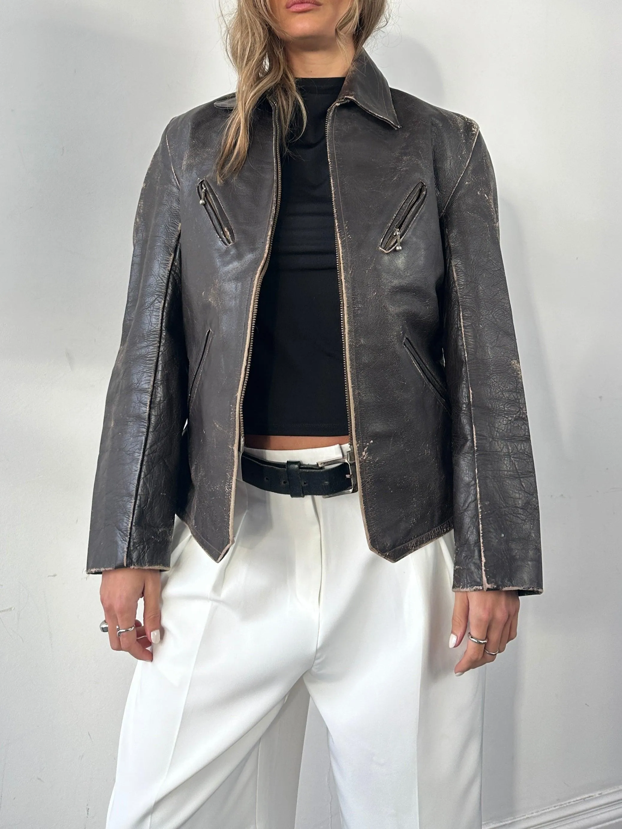 Vintage Distressed Structured Leather Jacket - S/M