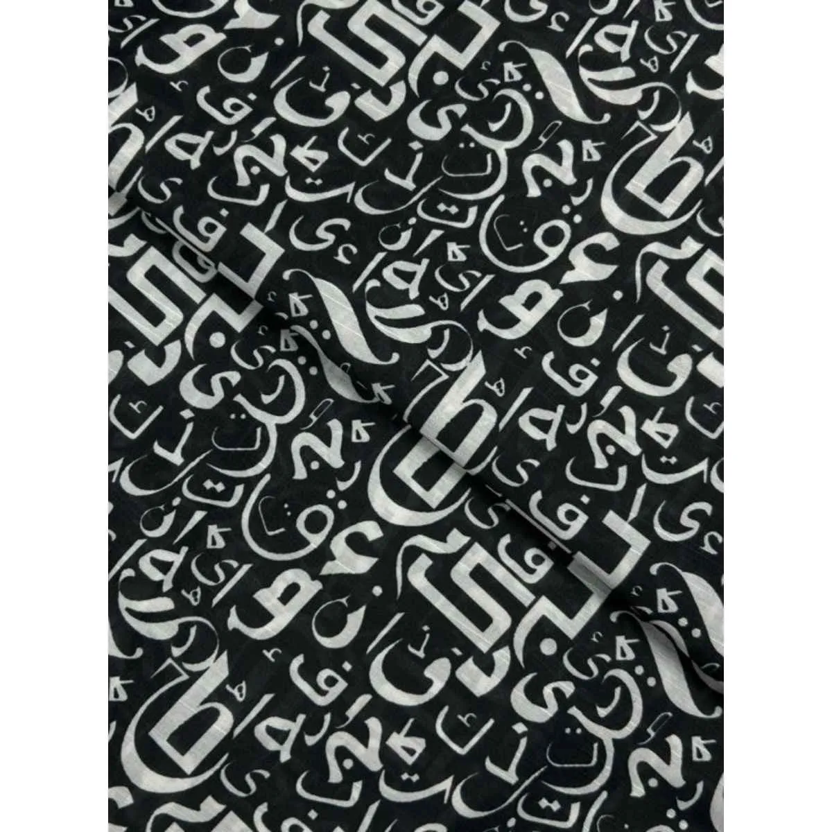 White On Black Digital Print Calligraphy Pattern Silk Fabric