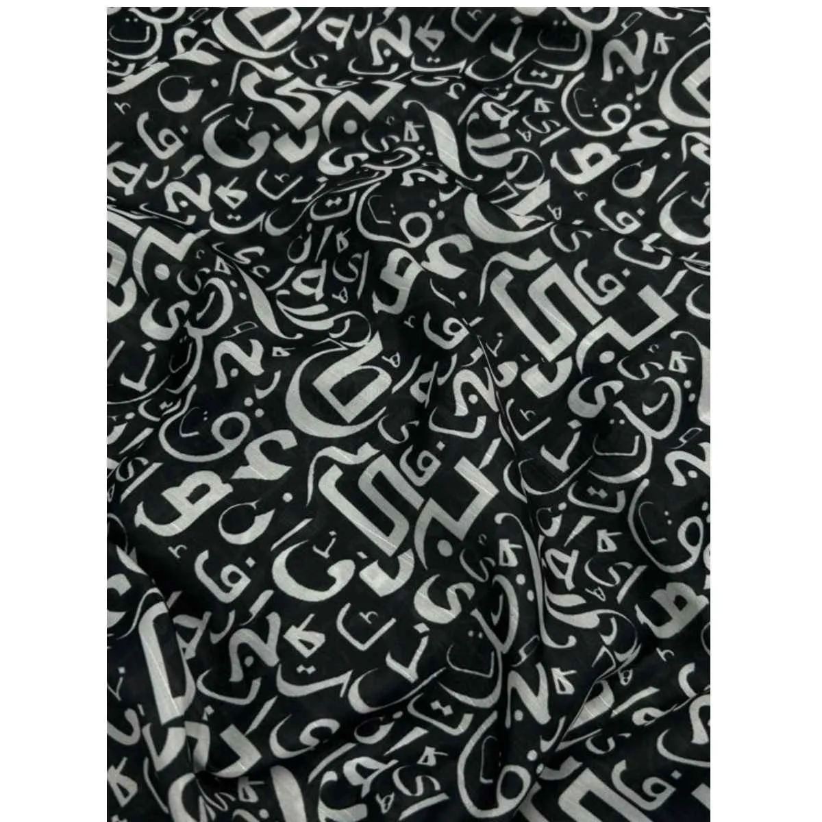 White On Black Digital Print Calligraphy Pattern Silk Fabric