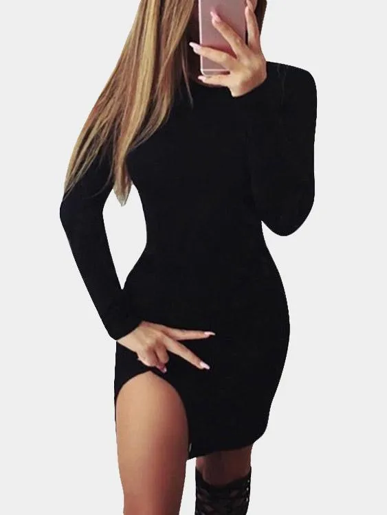 Wholesale Black Round Neck Long Sleeve Plain Slit Hem Dresses