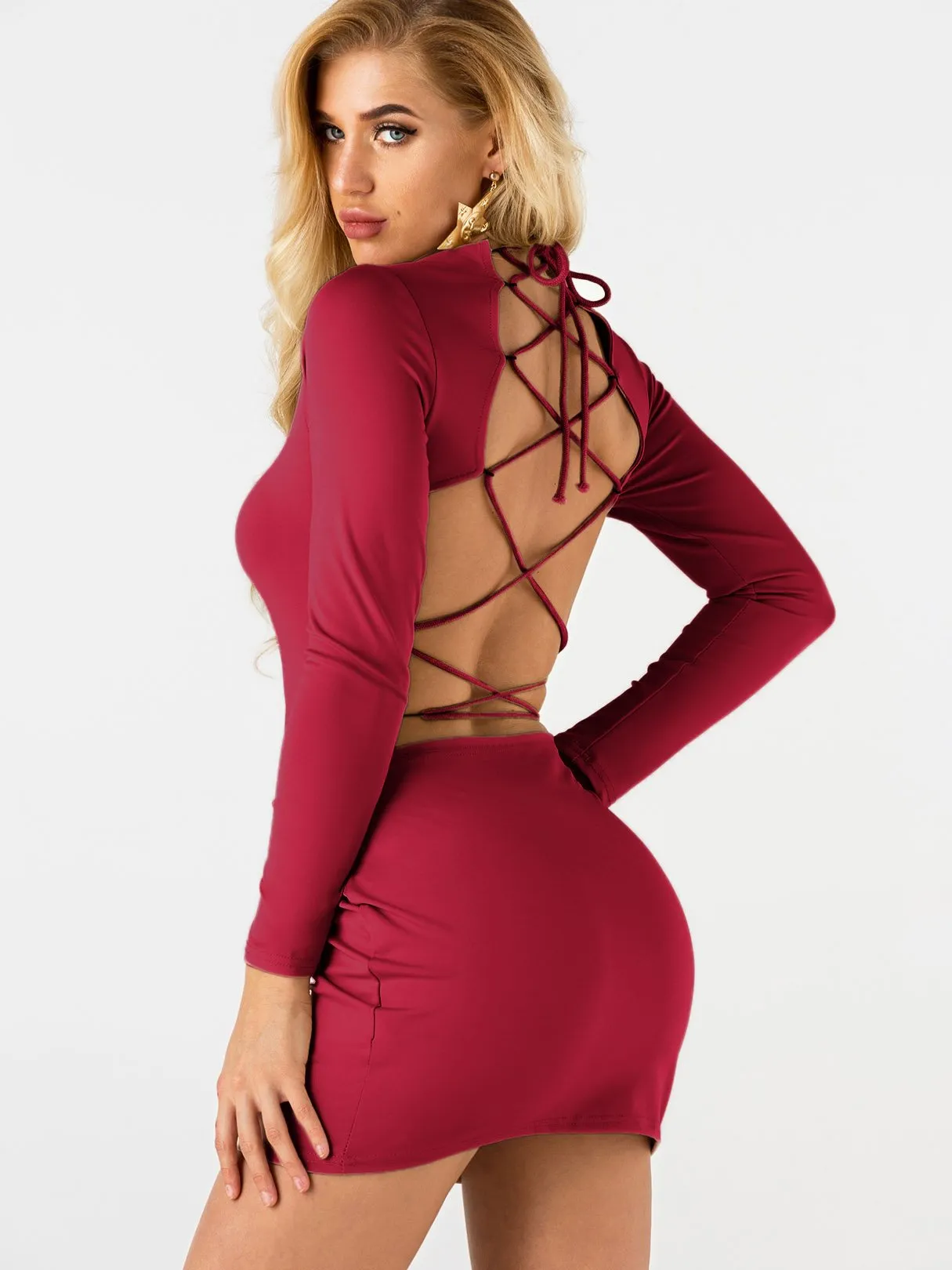 Wholesale Crew Neck Long Sleeve Lace-Up Cut Out Bodycon Dresses