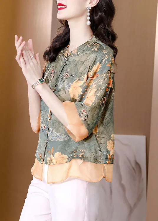 Women Colorblock Stand Collar Patchwork Print Silk Tops Summer LC0262