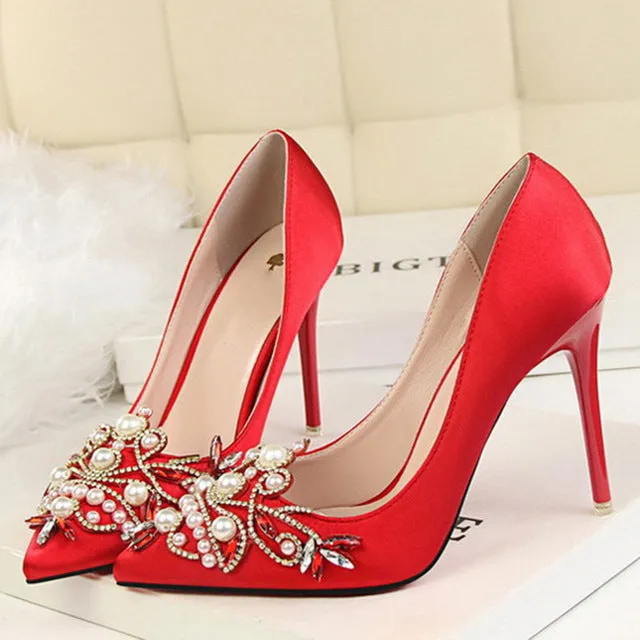 Women Pumps String Bead High Heels Shoes Fashion Crystal Women Heel Shoes Bride Wedding Shoes